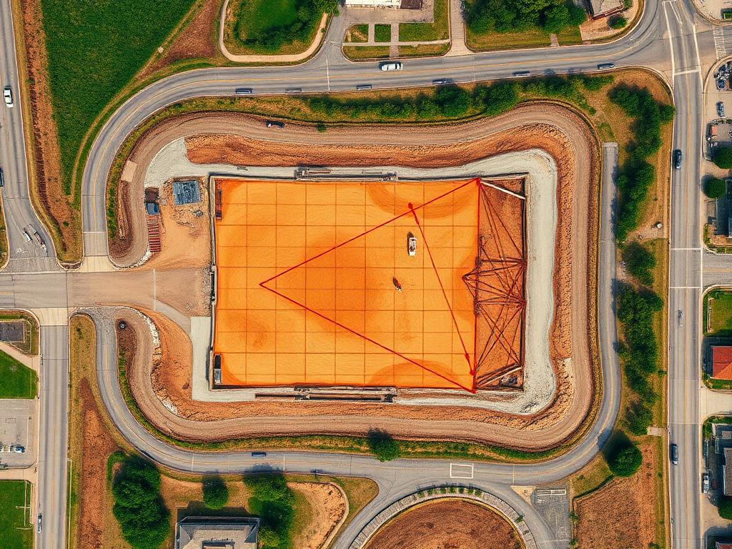 Top-down orthomosaic drone map of a construction site with survey overlay